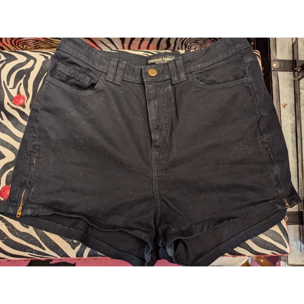 American Apparel USA made black denim jean shorts womens 30/31 zipper leg accent